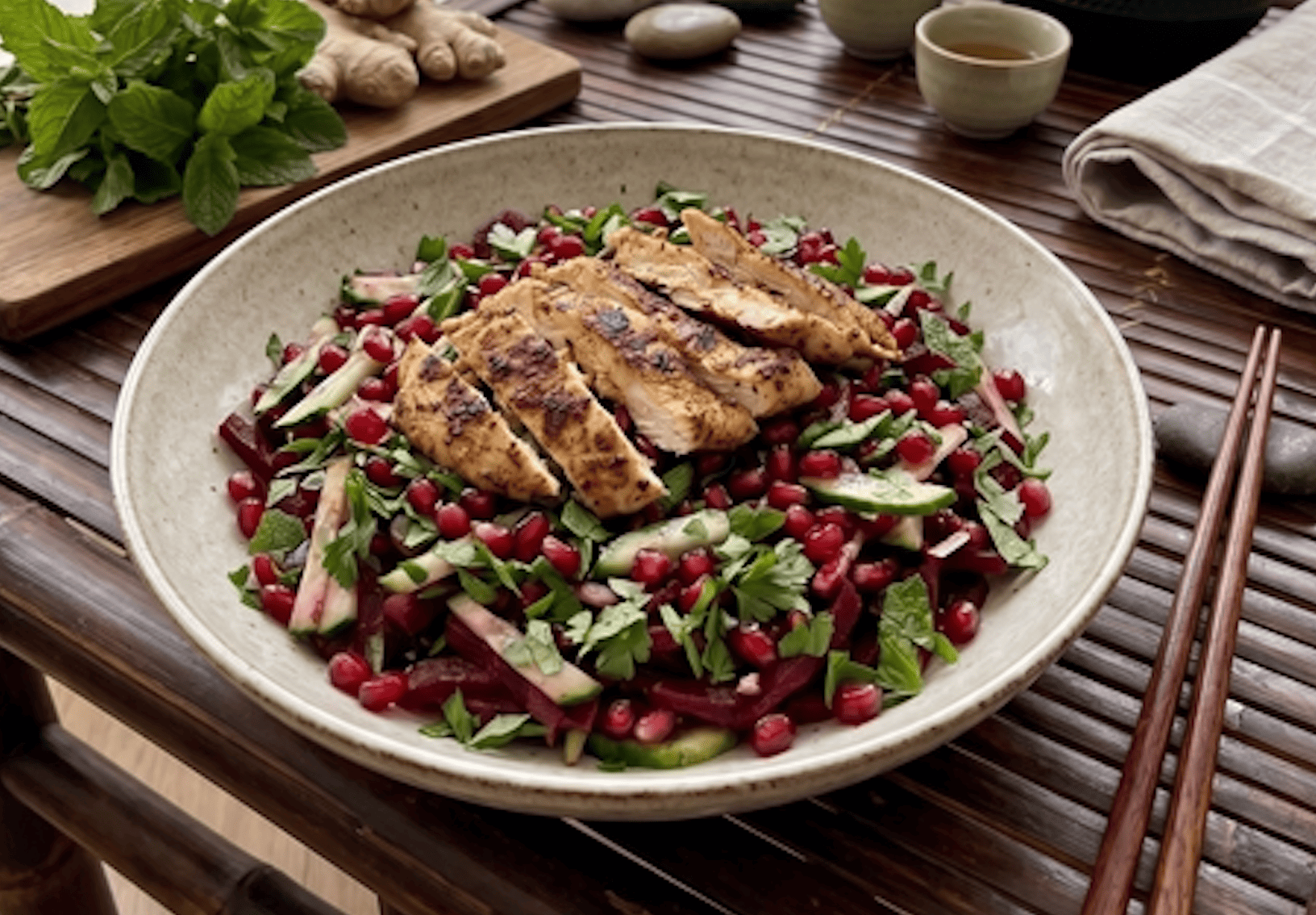 Rødbetsalat med granateple, urter og grillet kylling